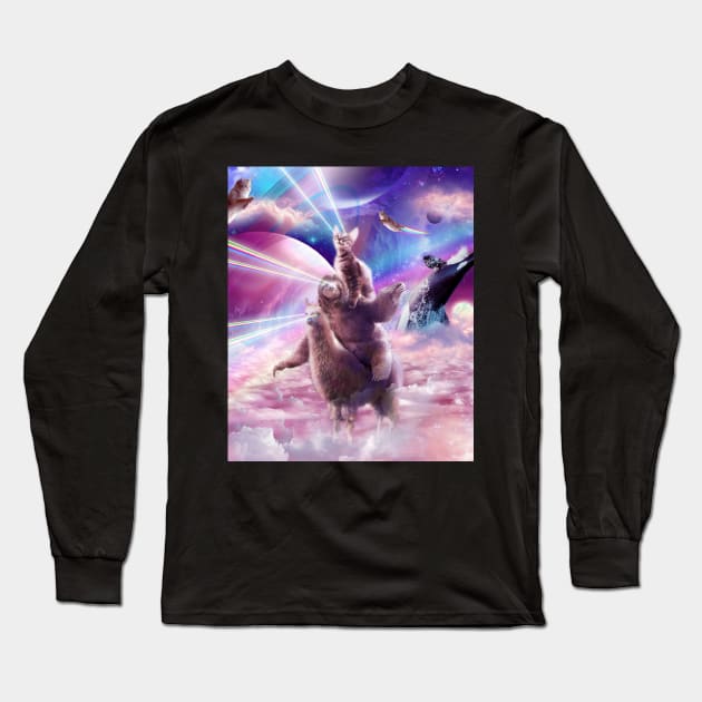 Laser Eyes Space Cat On Sloth Llama - Rainbow Long Sleeve T-Shirt by Random Galaxy